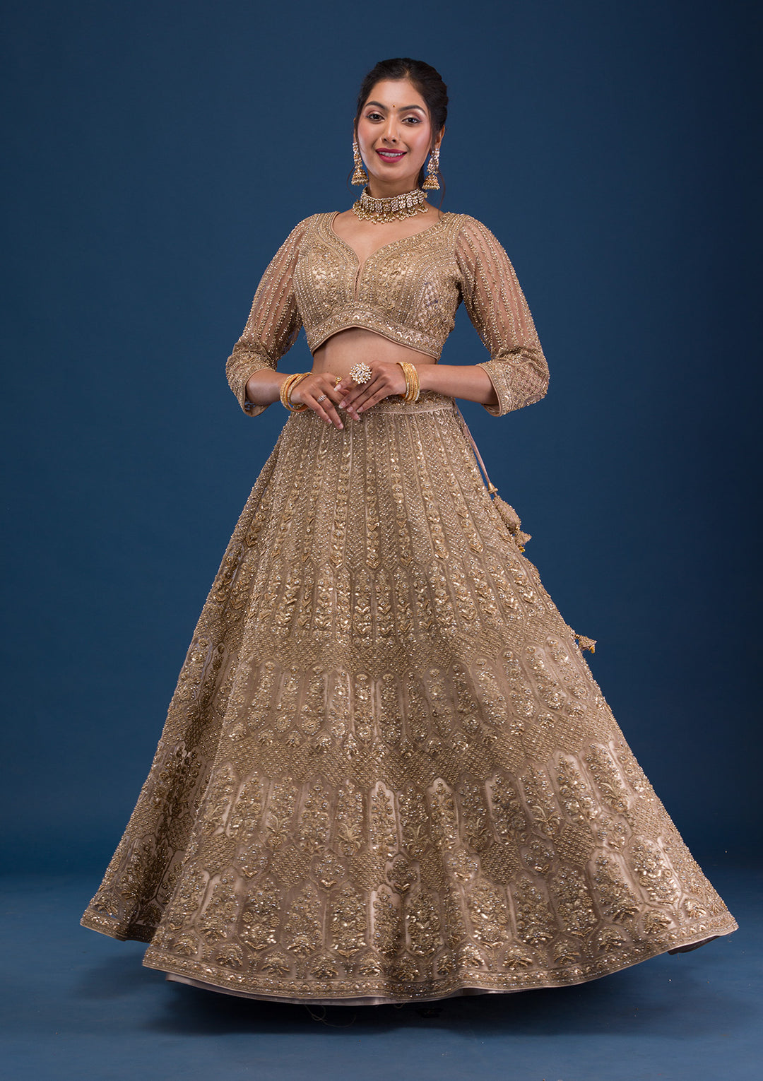 Beige Threadwork Net Readymade Lehenga