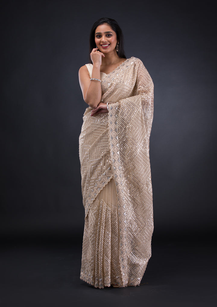 Beige Threadwork Net Saree