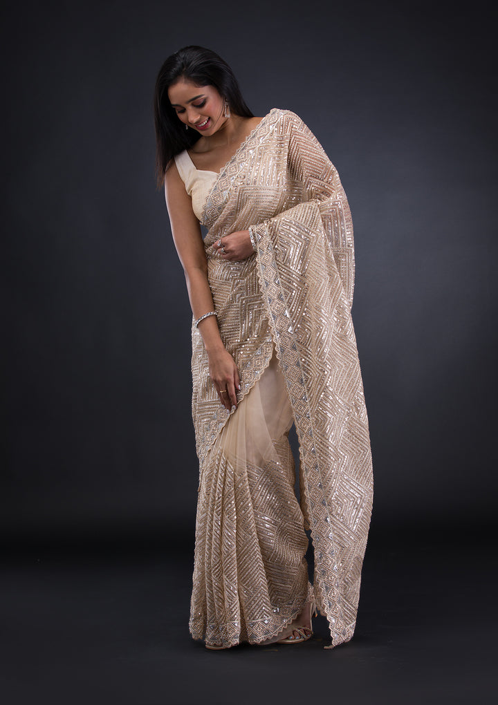 Beige Threadwork Net Saree