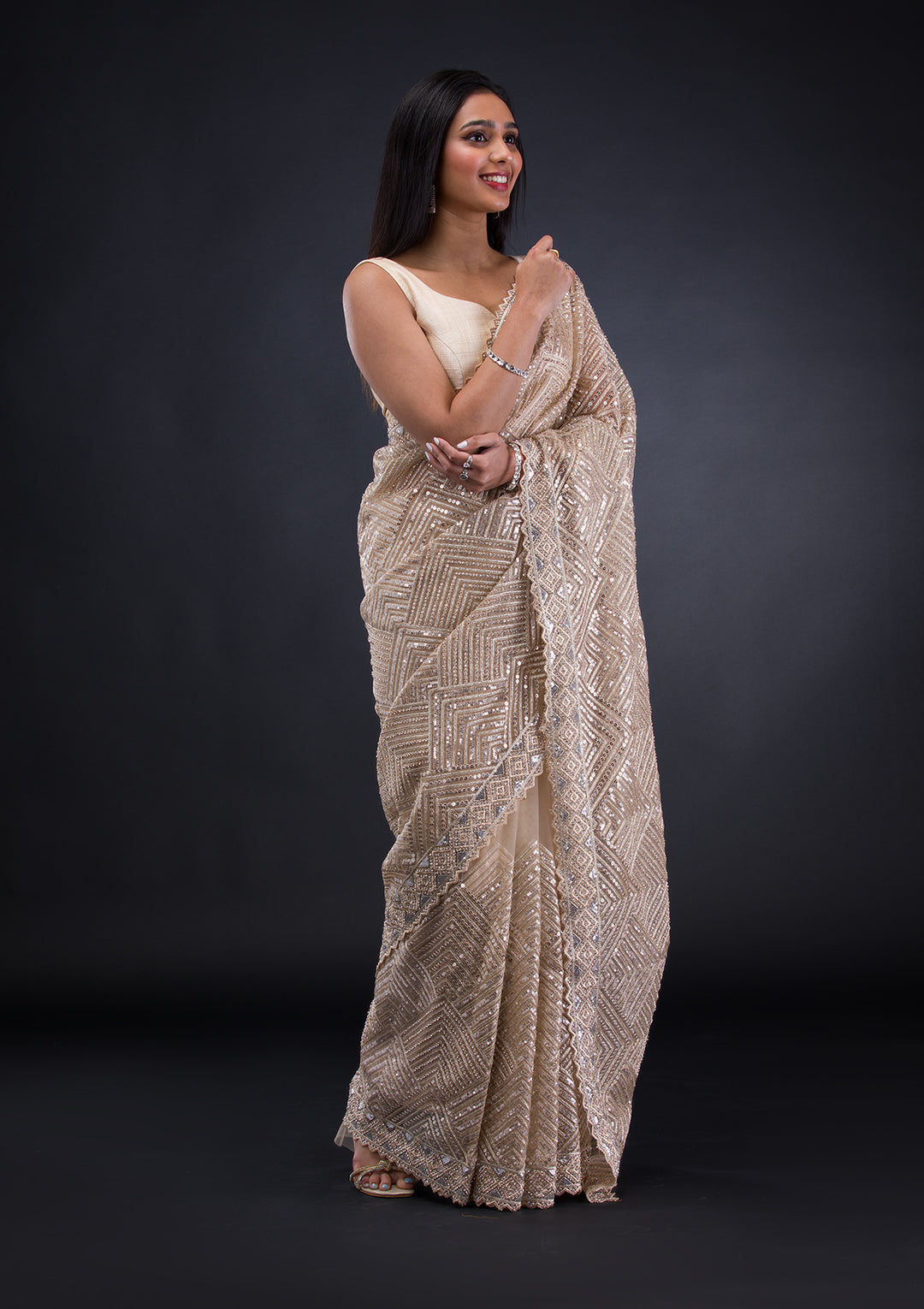 Beige Threadwork Net Saree