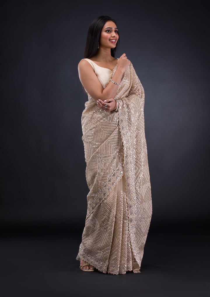Beige Threadwork Net Saree