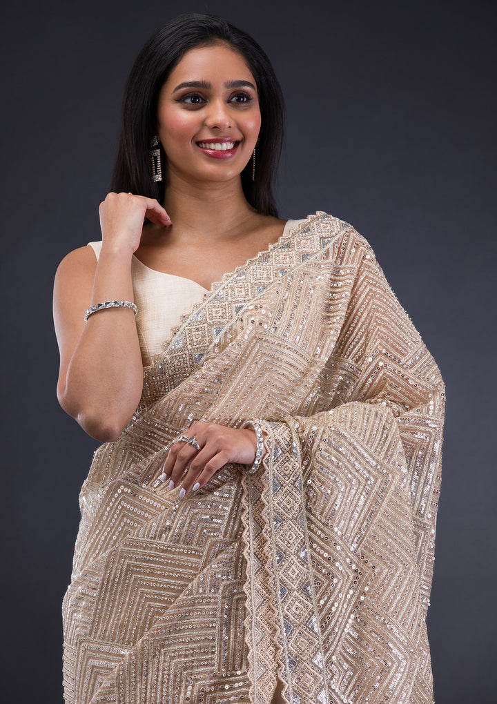 Beige Threadwork Net Saree