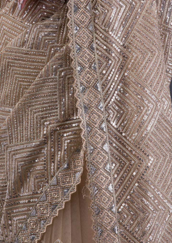 Beige Threadwork Net Saree