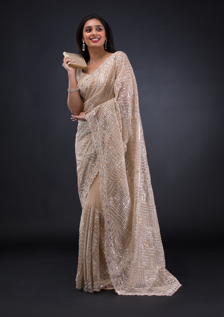 Beige Threadwork Net Saree