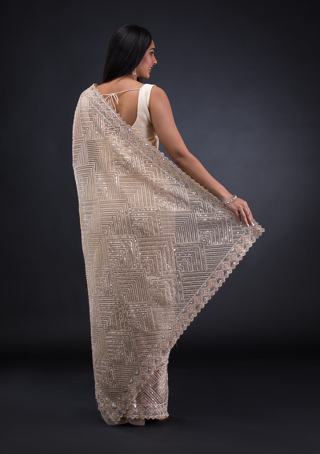 Beige Threadwork Net Saree