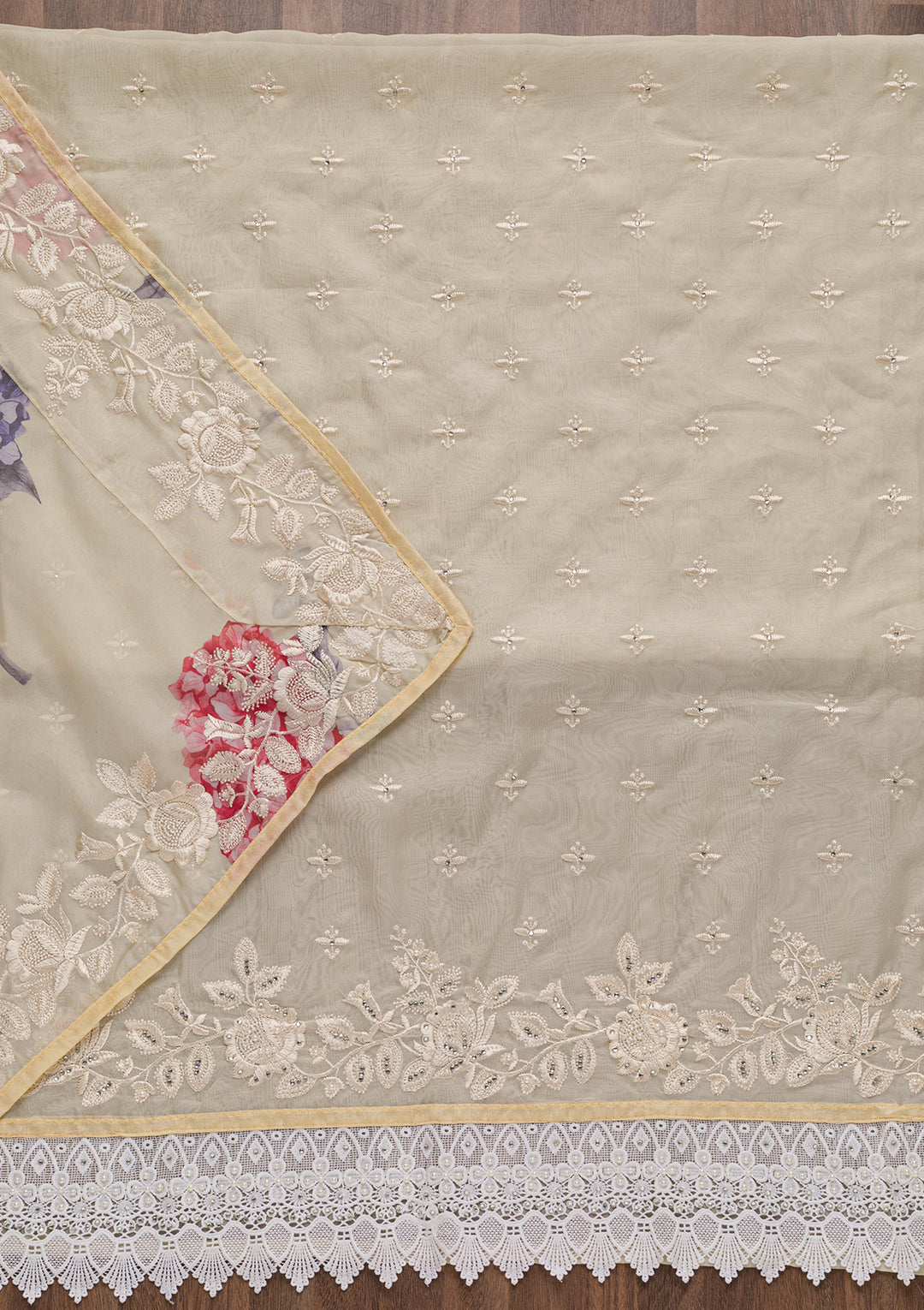 Beige Threadwork Organza Unstitched Salwar Suit