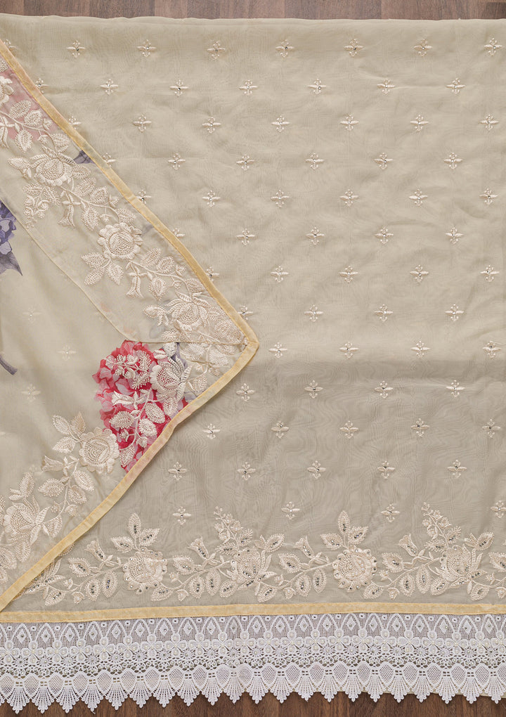 Beige Threadwork Organza Unstitched Salwar Suit