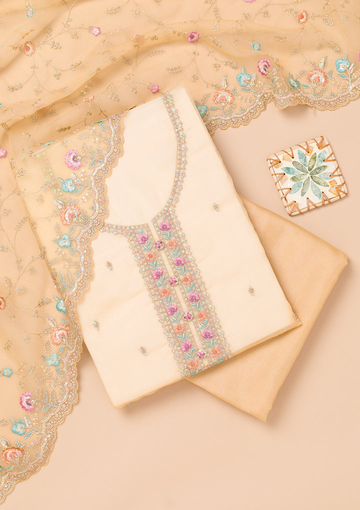 Beige Threadwork Organza Unstitched Salwar Suit
