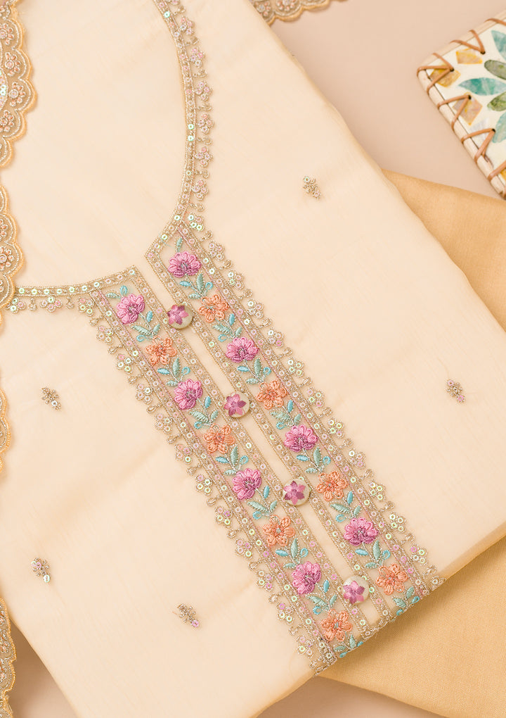 Beige Threadwork Organza Unstitched Salwar Suit