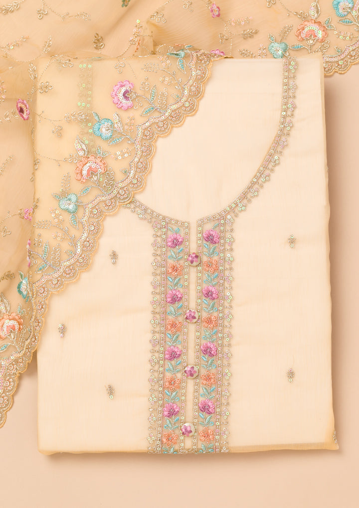 Beige Threadwork Organza Unstitched Salwar Suit