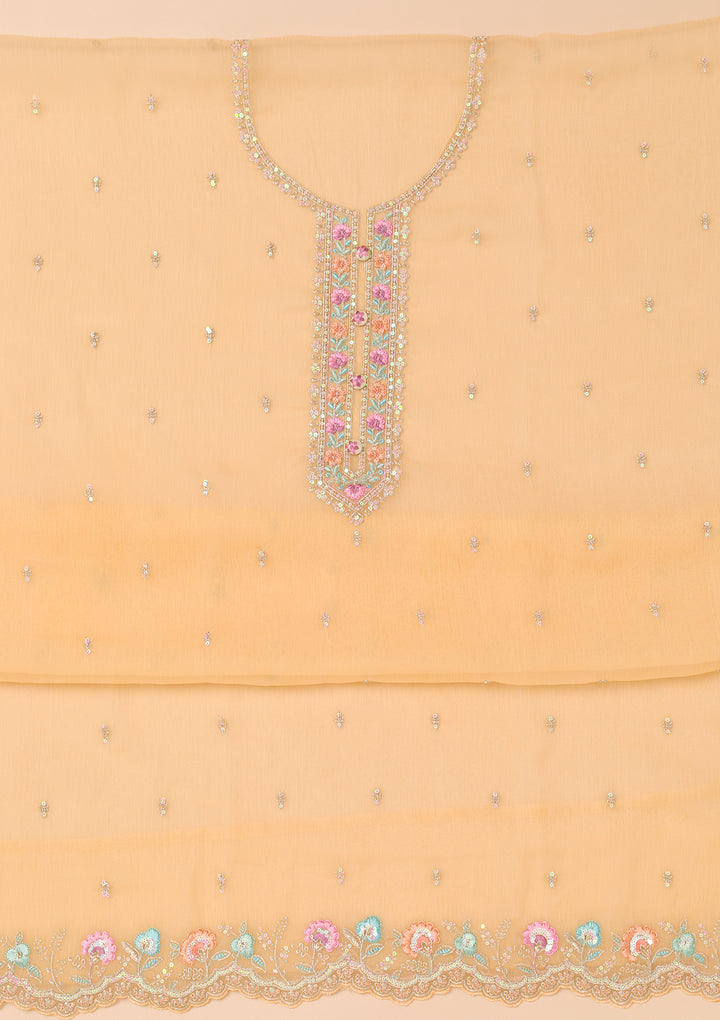 Beige Threadwork Organza Unstitched Salwar Suit