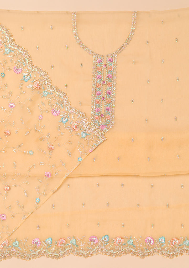 Beige Threadwork Organza Unstitched Salwar Suit
