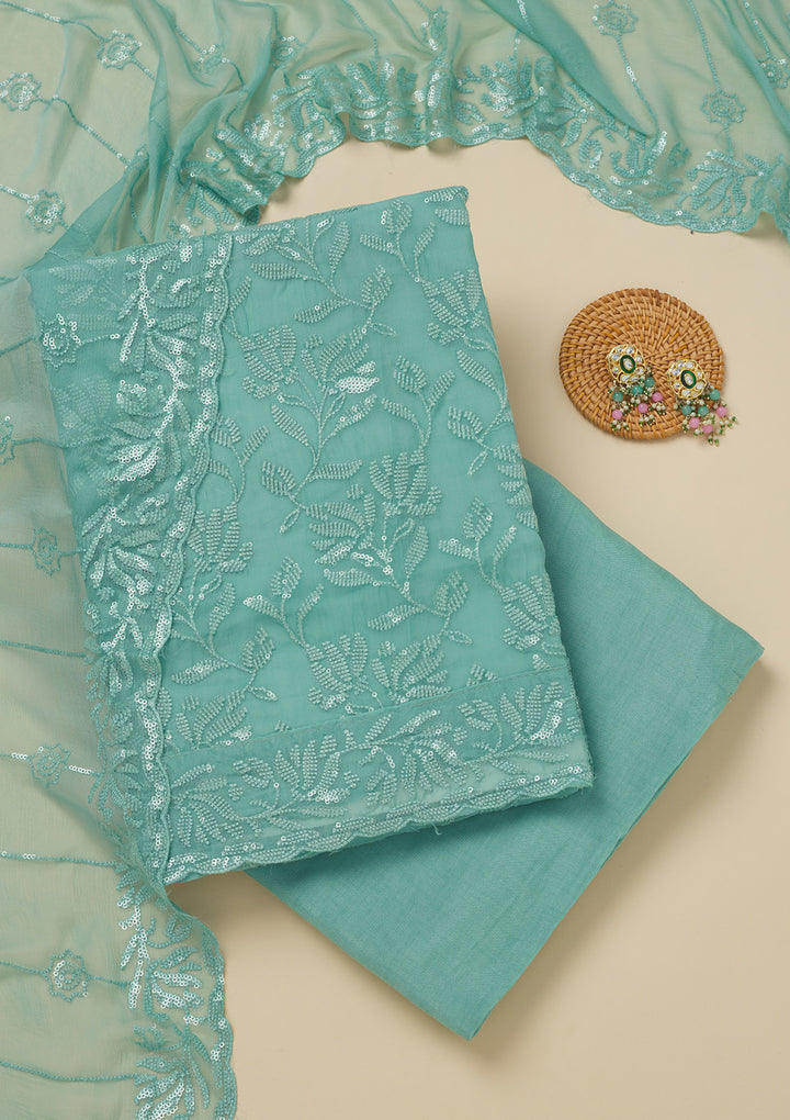 Sky Blue Threadwork Organza Unstitched Salwar Suit