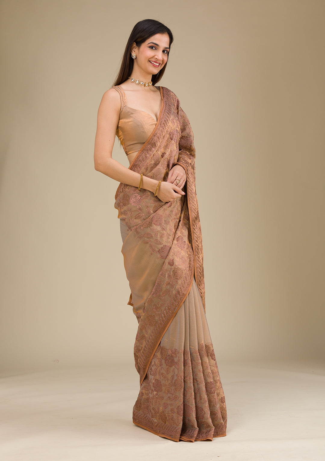 Beige Threadwork Raw Silk Saree