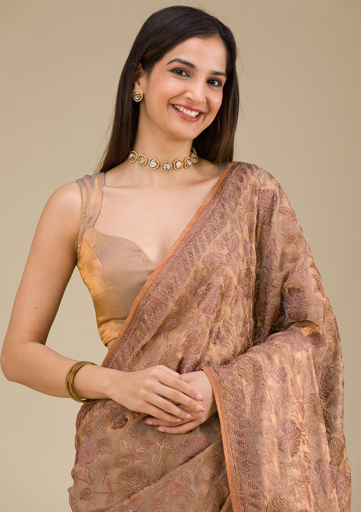 Beige Threadwork Raw Silk Saree