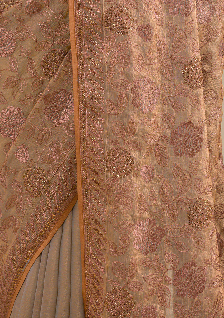 Beige Threadwork Raw Silk Saree