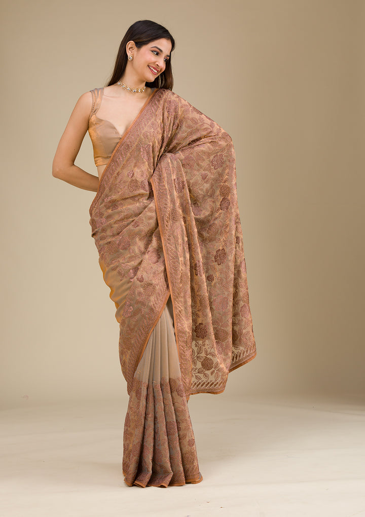 Beige Threadwork Raw Silk Saree