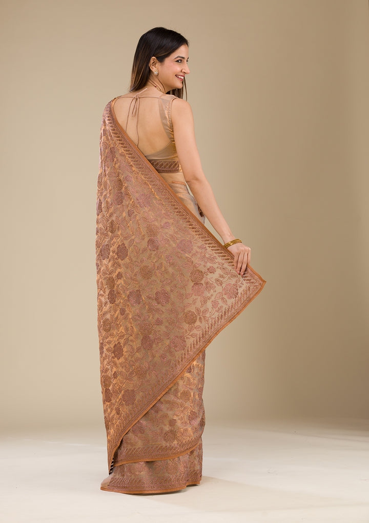 Beige Threadwork Raw Silk Saree