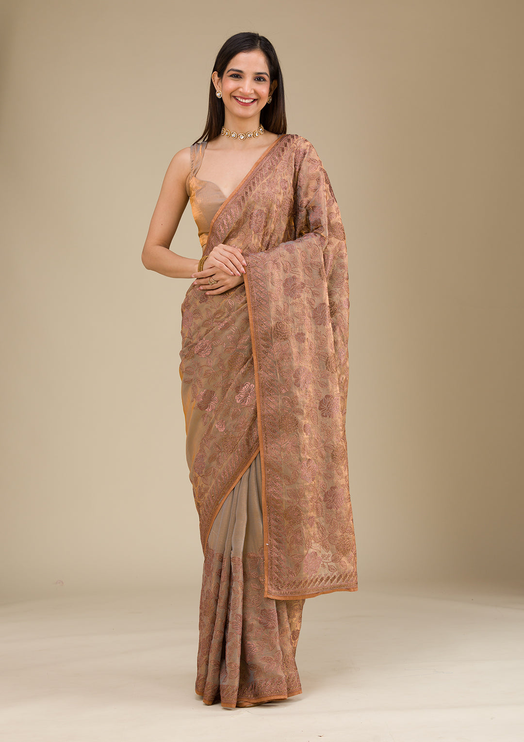 Beige Threadwork Raw Silk Saree