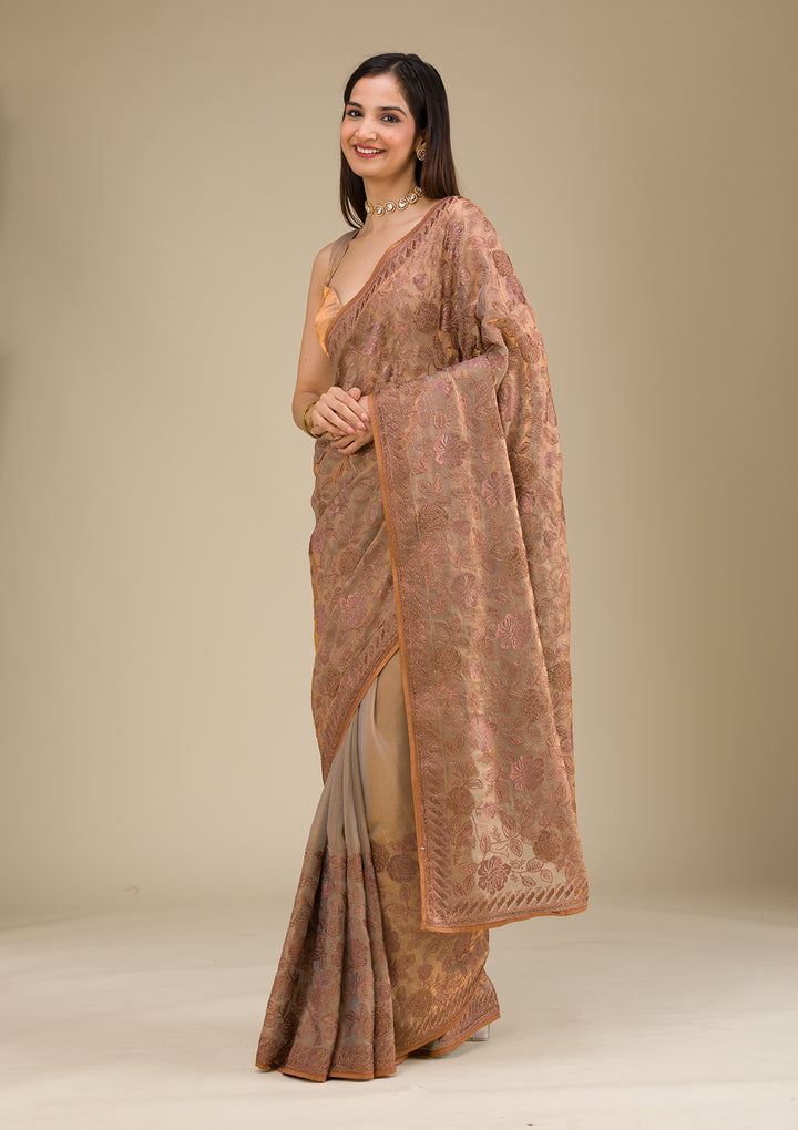Beige Threadwork Raw Silk Saree