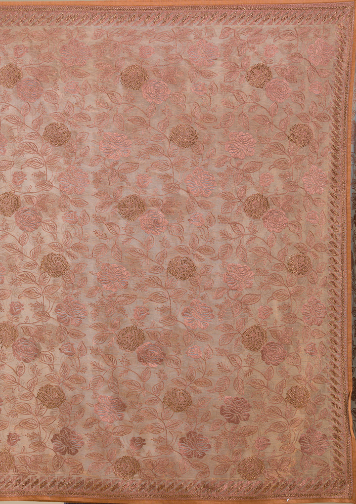 Beige Threadwork Raw Silk Saree