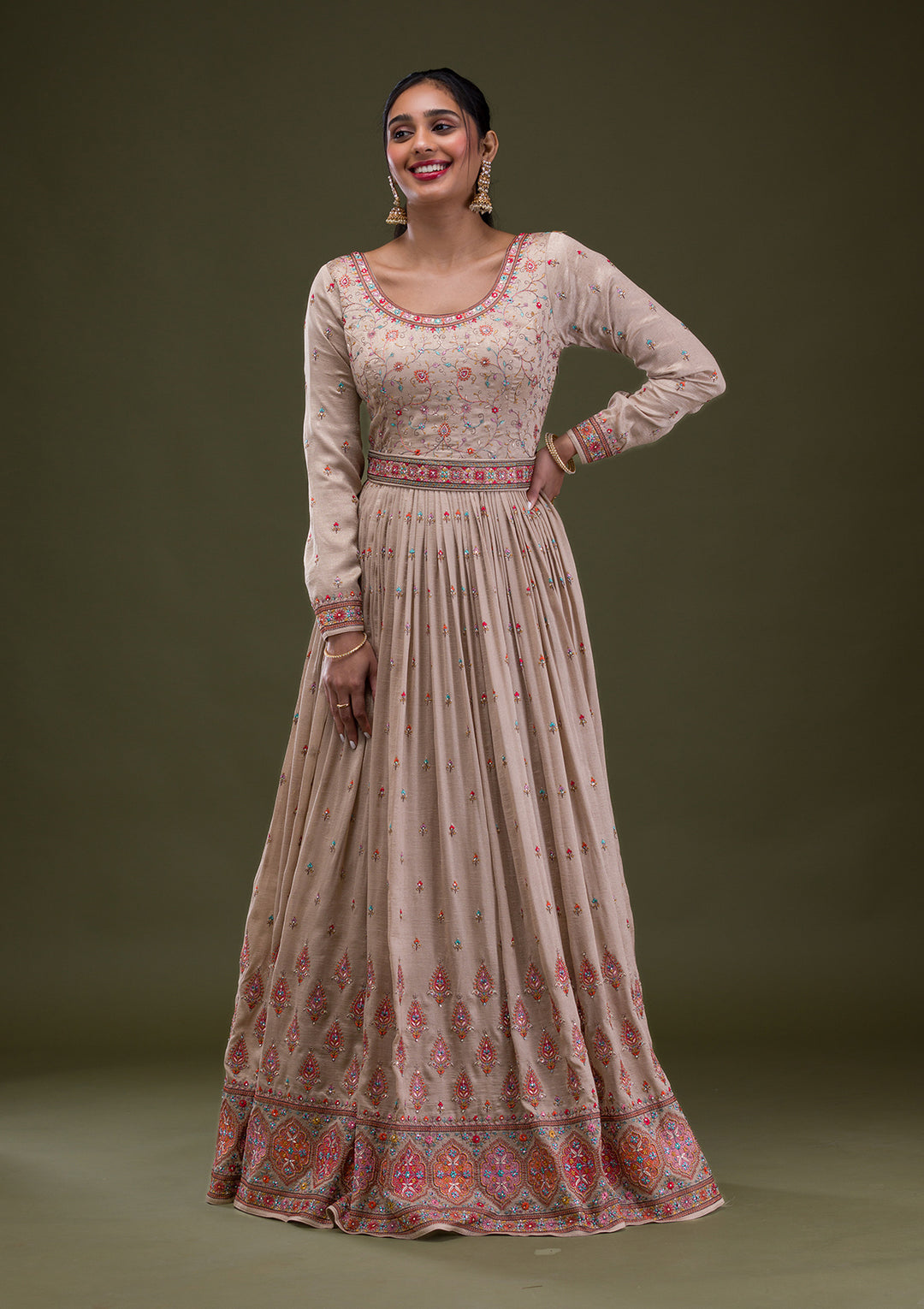 Beige Threadwork Semi Crepe Readymade Anarkali Suit