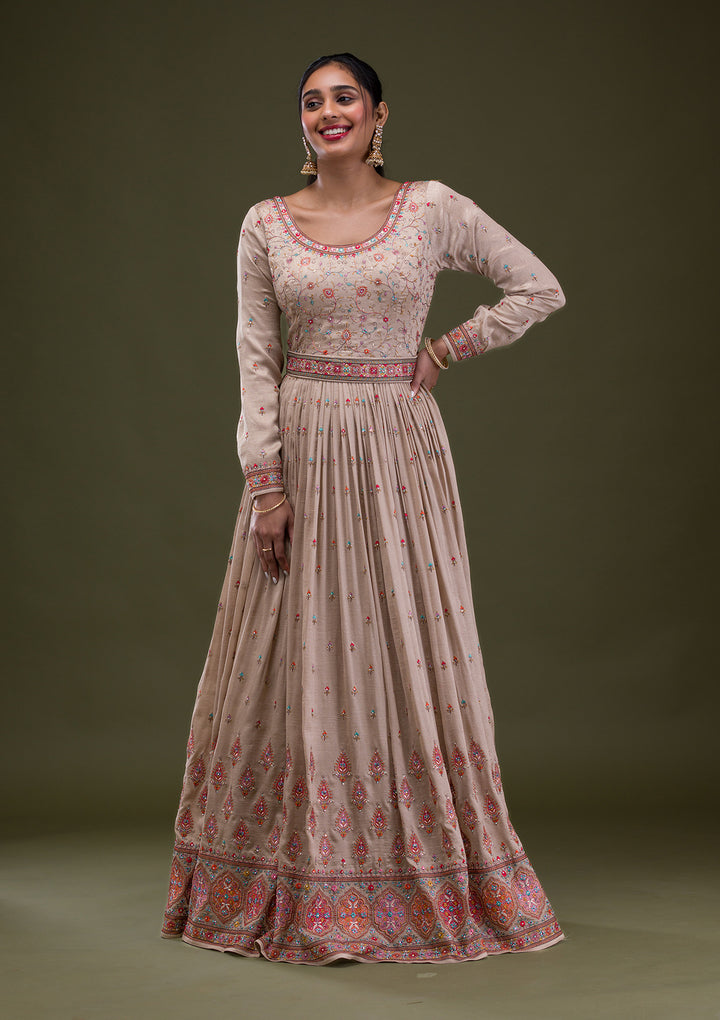 Beige Threadwork Semi Crepe Readymade Anarkali Suit