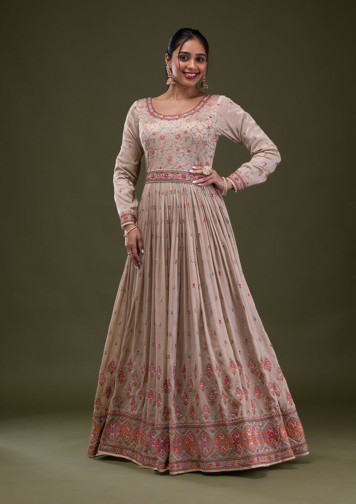 Beige Threadwork Semi Crepe Readymade Anarkali Suit