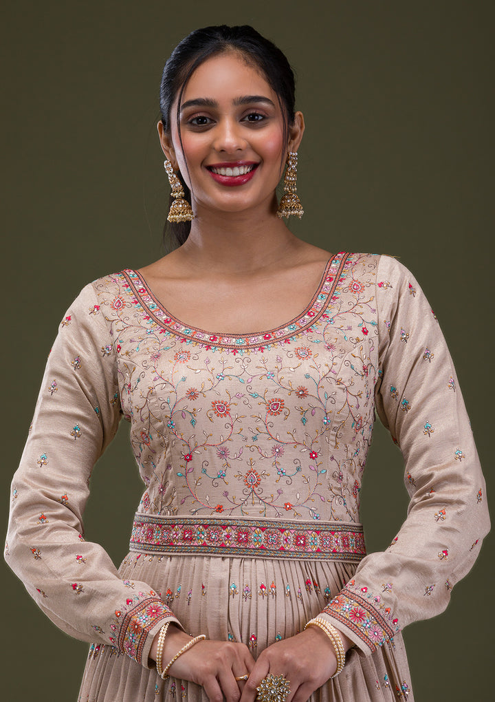 Beige Threadwork Semi Crepe Readymade Anarkali Suit