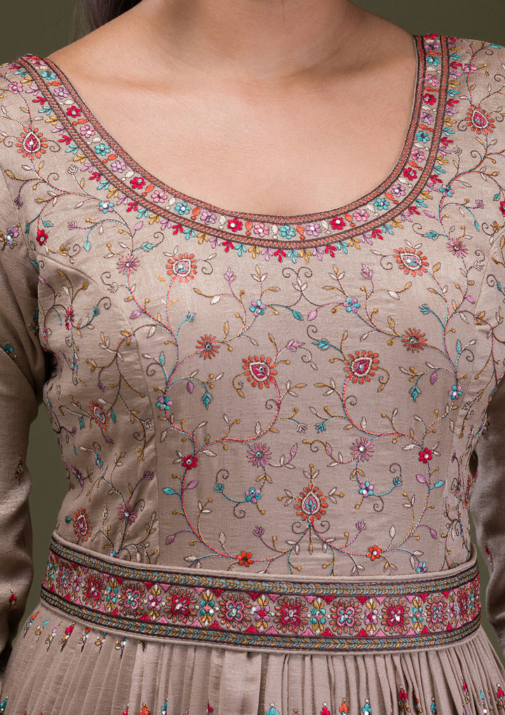 Beige Threadwork Semi Crepe Readymade Anarkali Suit
