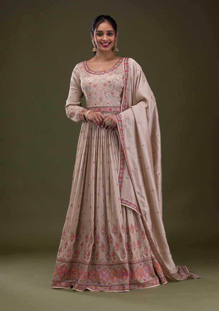 Beige Threadwork Semi Crepe Readymade Anarkali Suit