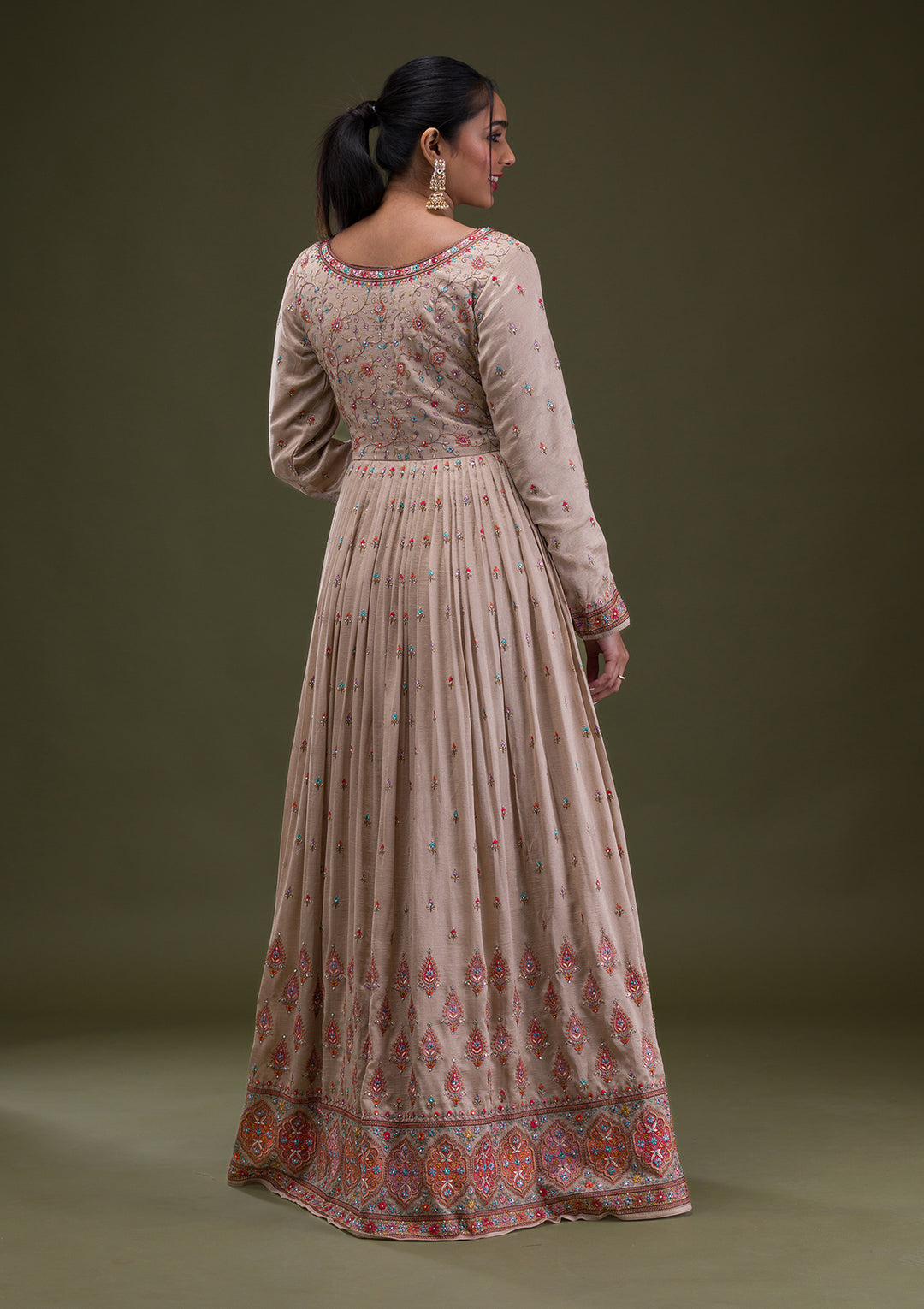 Beige Threadwork Semi Crepe Readymade Anarkali Suit