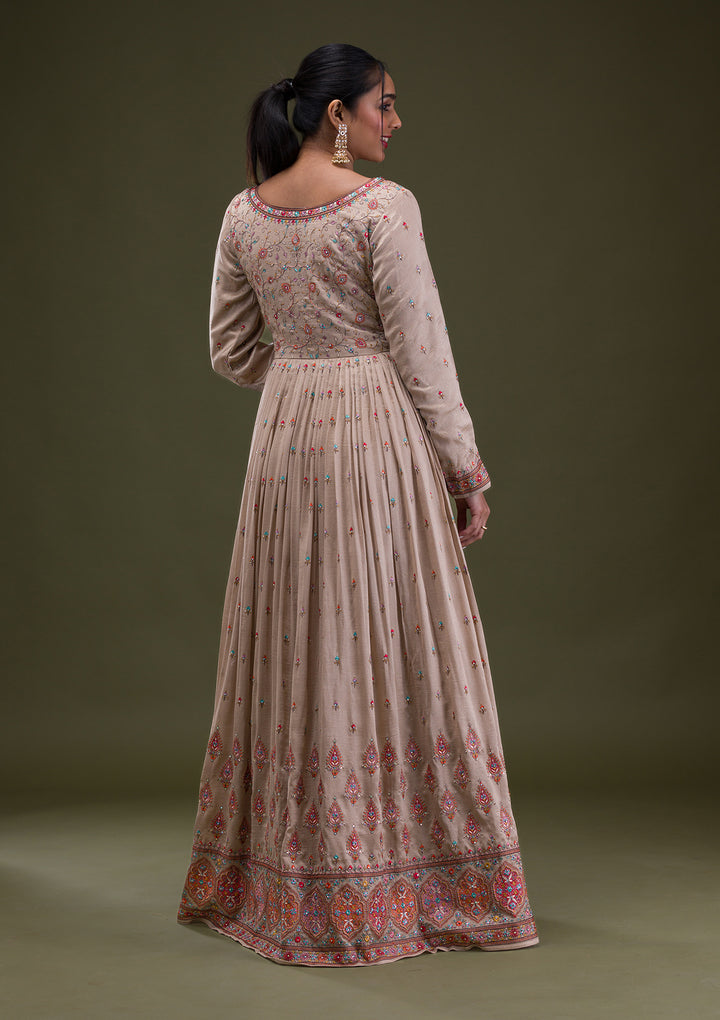 Beige Threadwork Semi Crepe Readymade Anarkali Suit