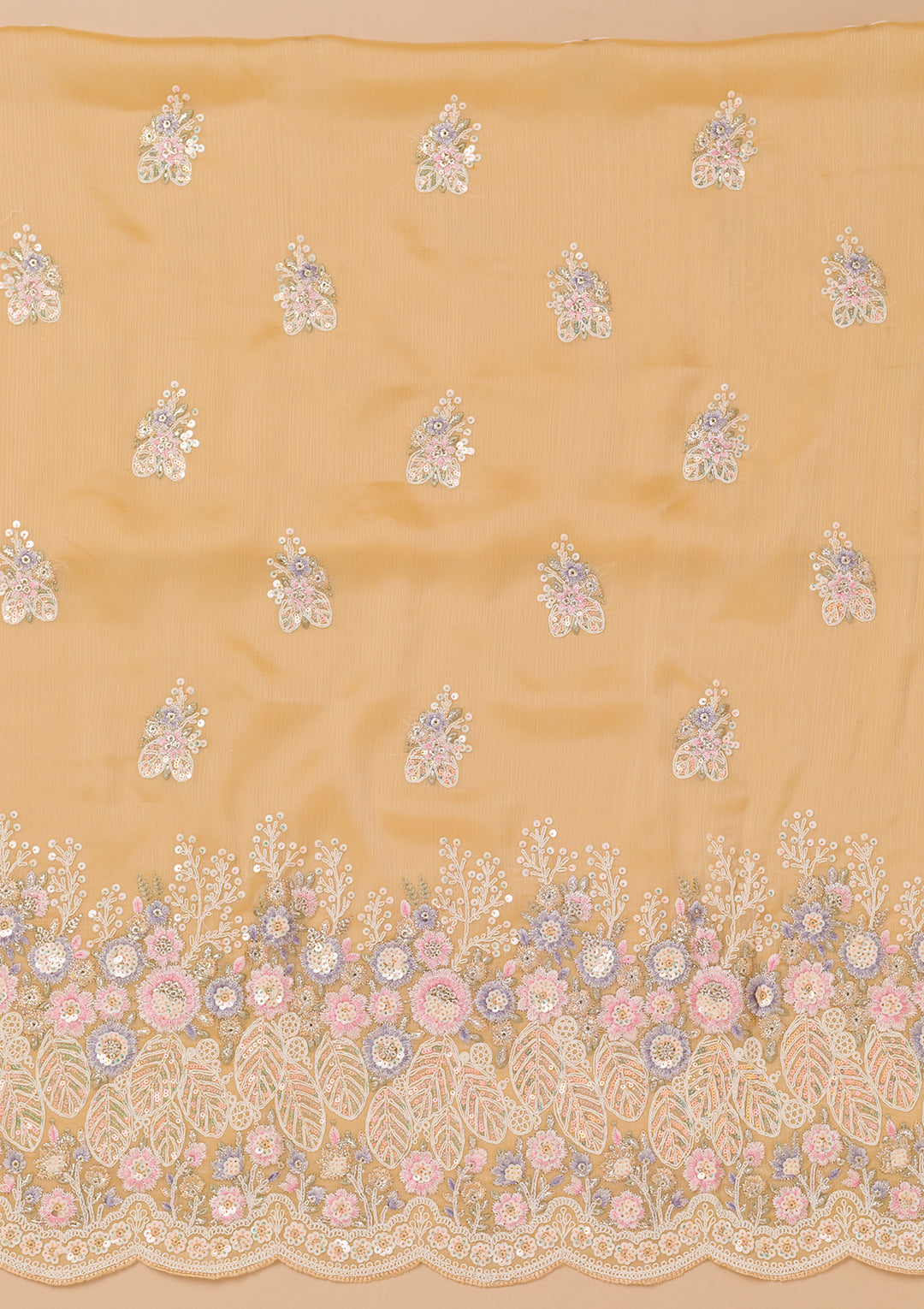 Beige Threadwork Semi Crepe Unstitched Salwar Suit