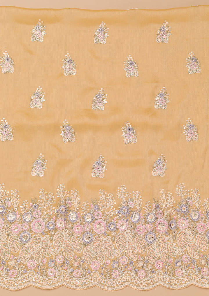 Beige Threadwork Semi Crepe Unstitched Salwar Suit