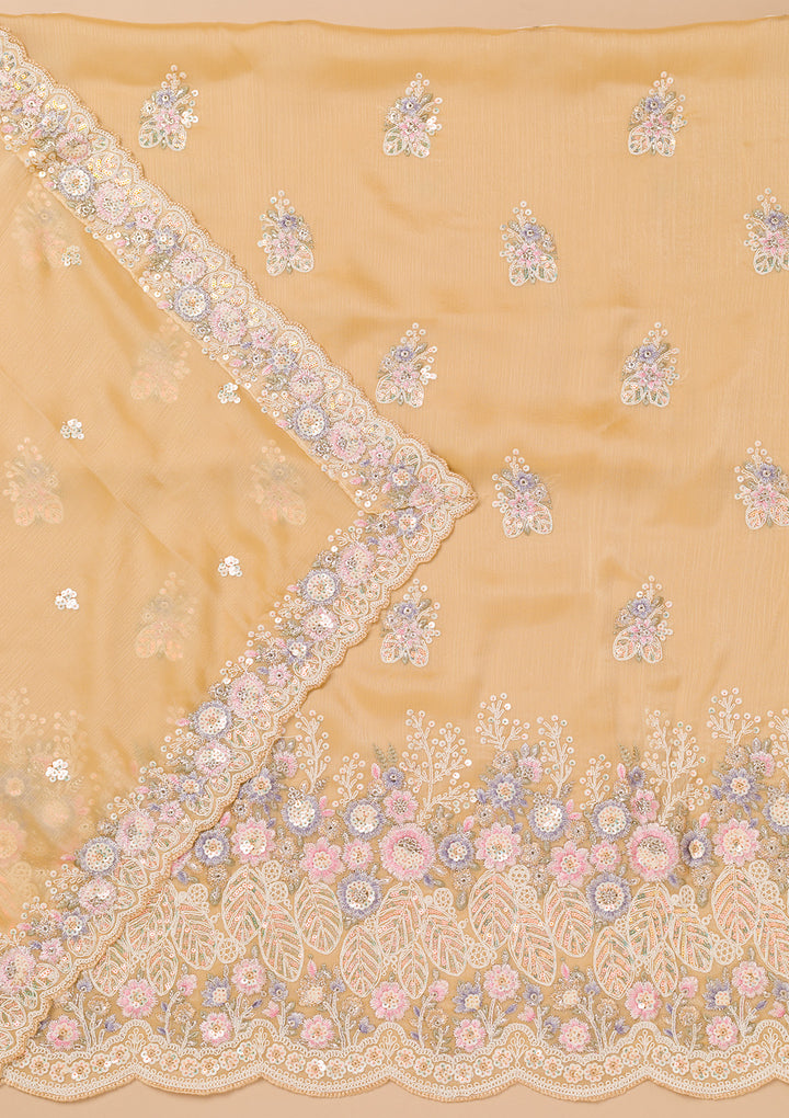 Beige Threadwork Semi Crepe Unstitched Salwar Suit