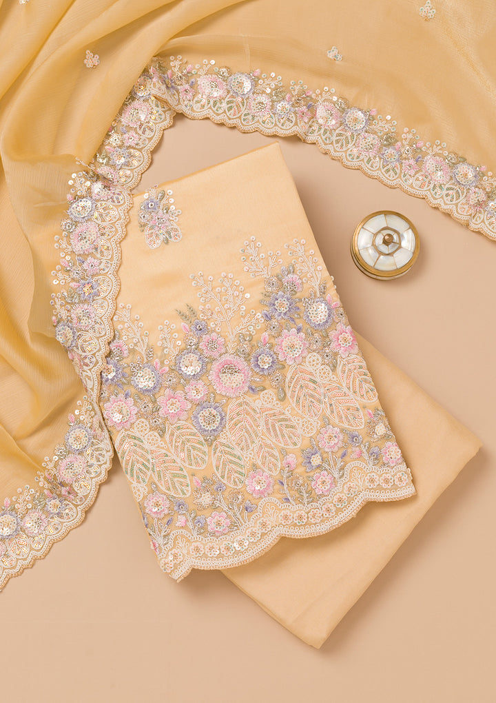 Beige Threadwork Semi Crepe Unstitched Salwar Suit