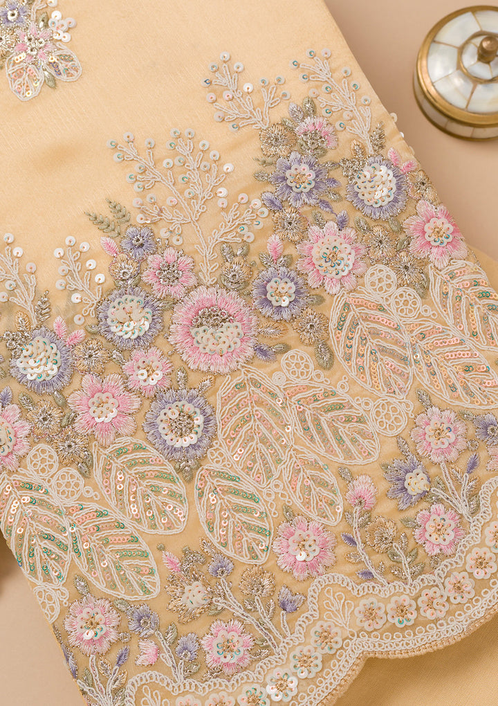 Beige Threadwork Semi Crepe Unstitched Salwar Suit
