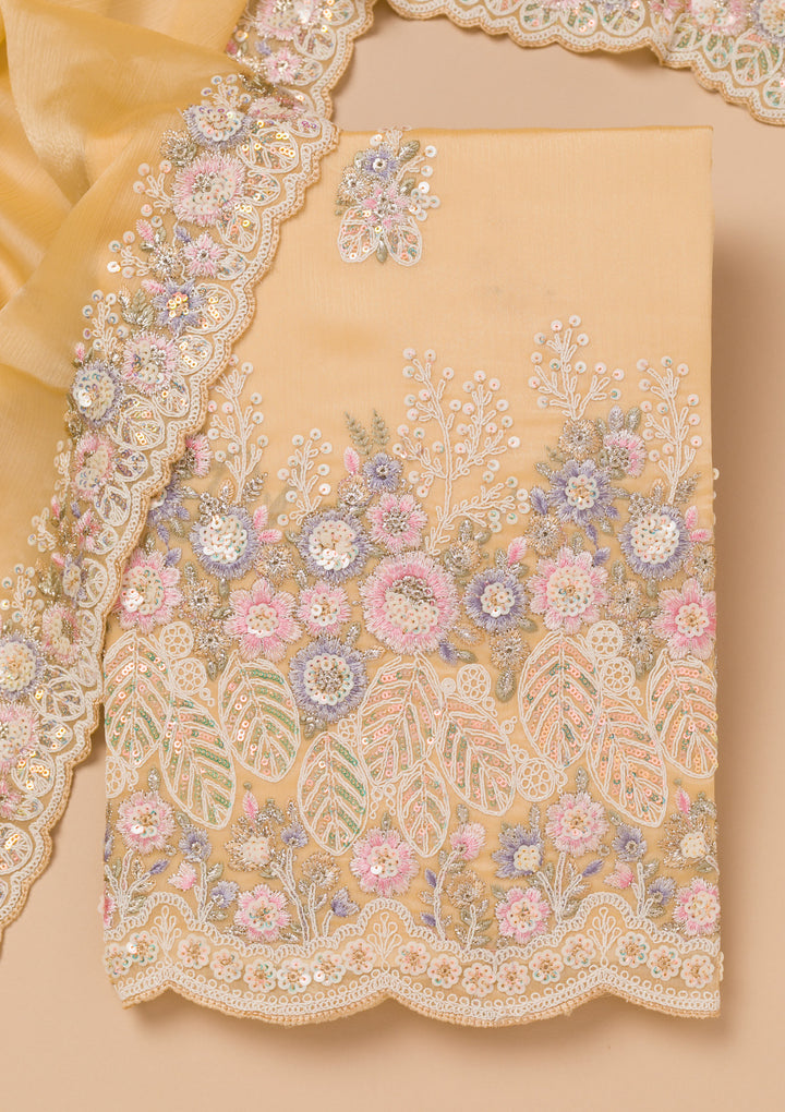 Beige Threadwork Semi Crepe Unstitched Salwar Suit