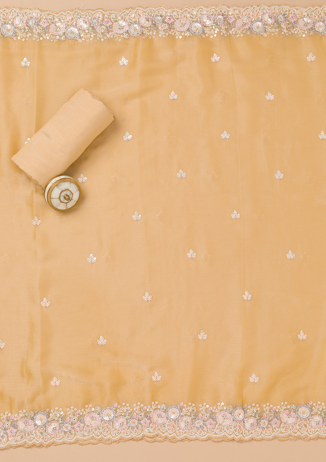 Beige Threadwork Semi Crepe Unstitched Salwar Suit