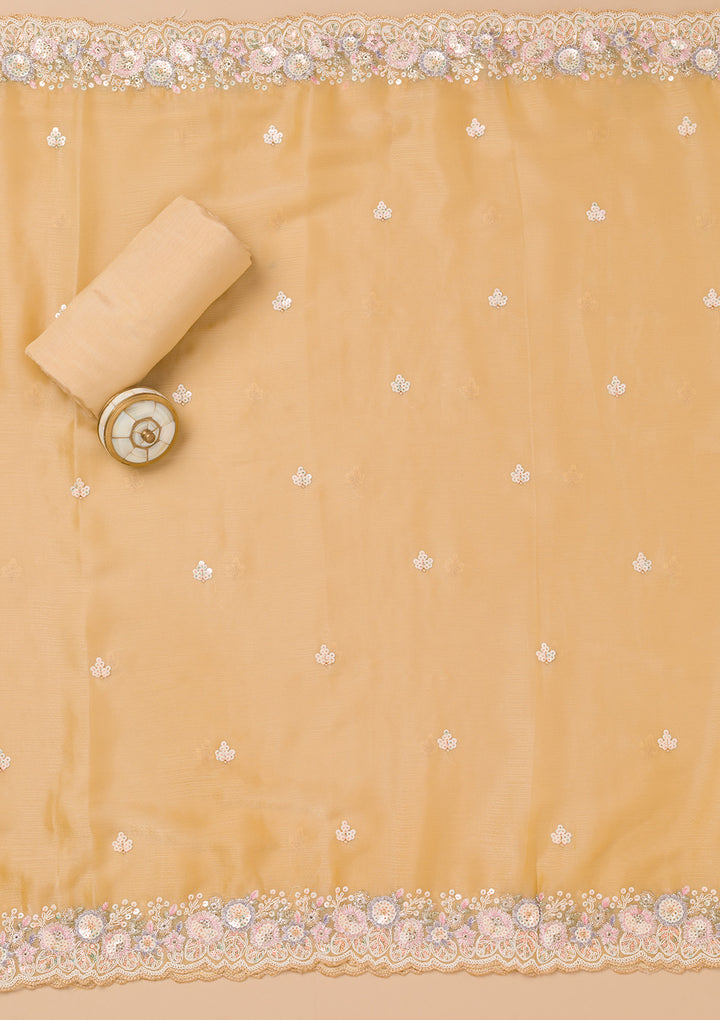 Beige Threadwork Semi Crepe Unstitched Salwar Suit