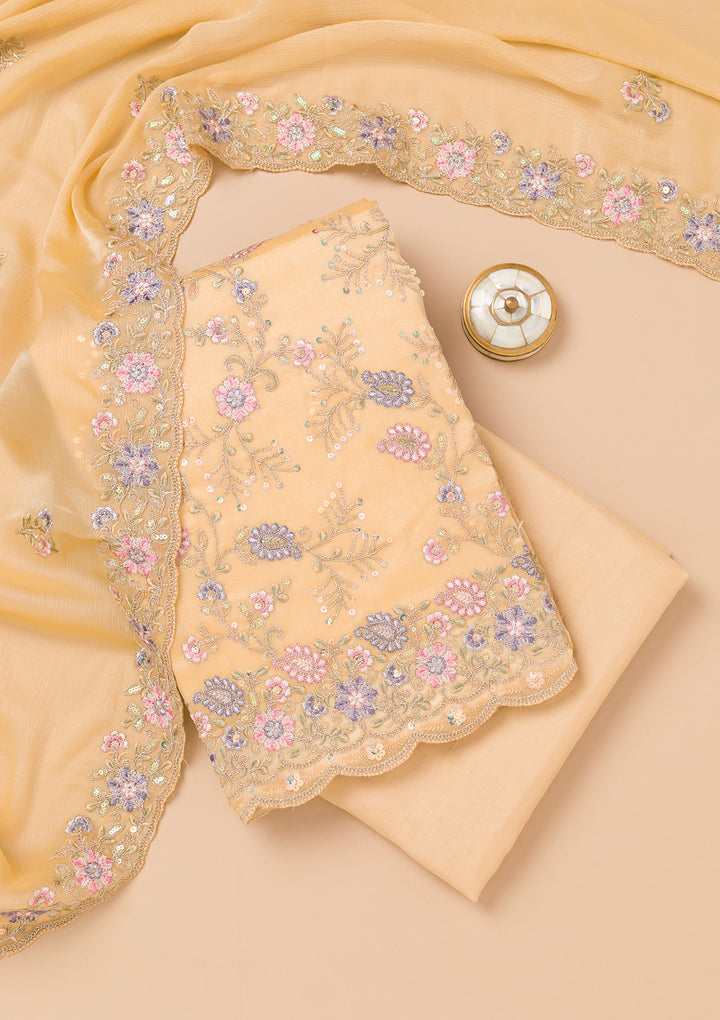 Beige Threadwork Semi Crepe Unstitched Salwar Suit
