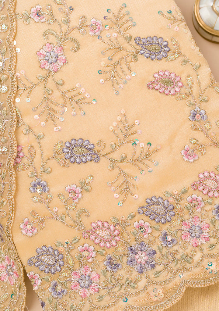 Beige Threadwork Semi Crepe Unstitched Salwar Suit