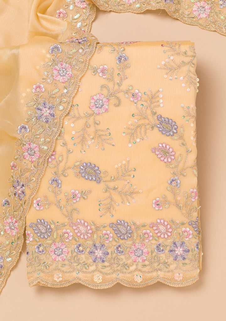 Beige Threadwork Semi Crepe Unstitched Salwar Suit