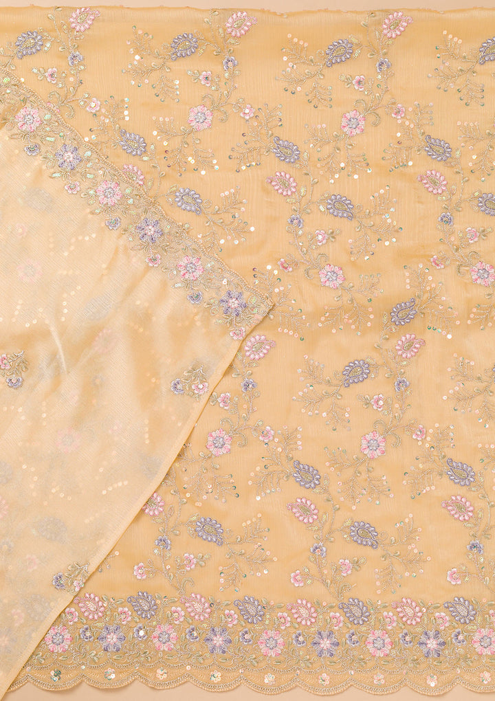 Beige Threadwork Semi Crepe Unstitched Salwar Suit