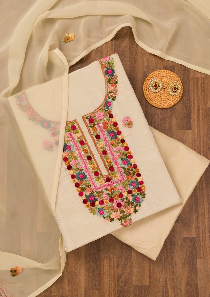 Beige Threadwork Semi Crepe Unstitched Salwar Suit