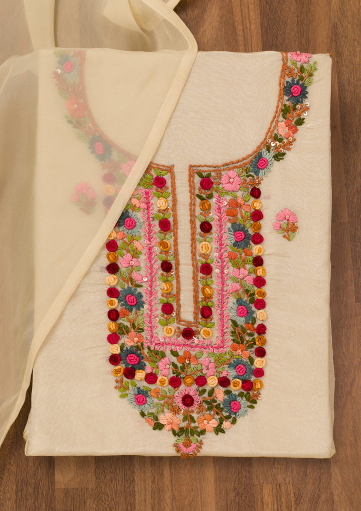 Beige Threadwork Semi Crepe Unstitched Salwar Suit