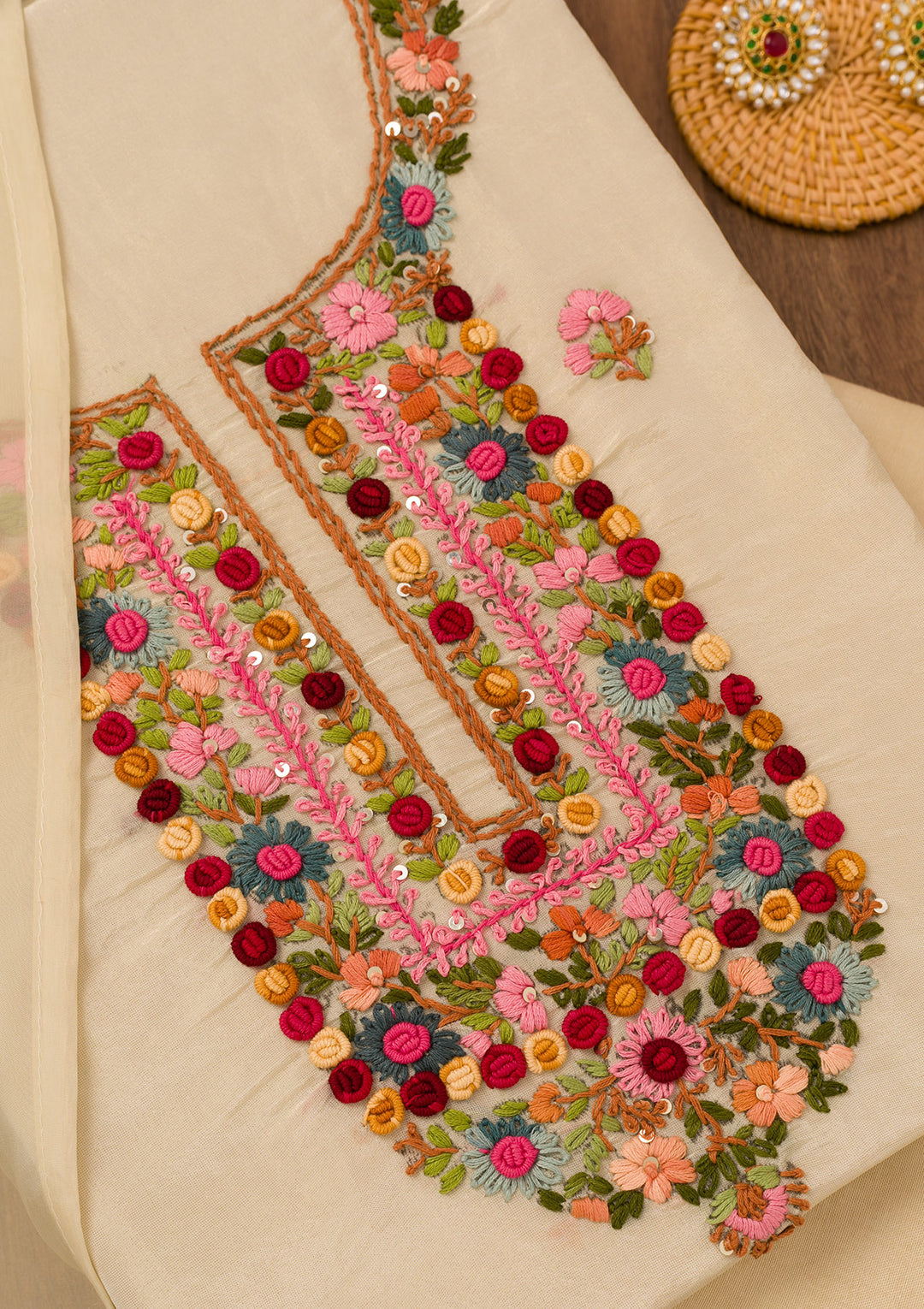 Beige Threadwork Semi Crepe Unstitched Salwar Suit