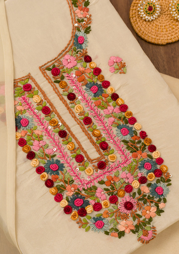 Beige Threadwork Semi Crepe Unstitched Salwar Suit