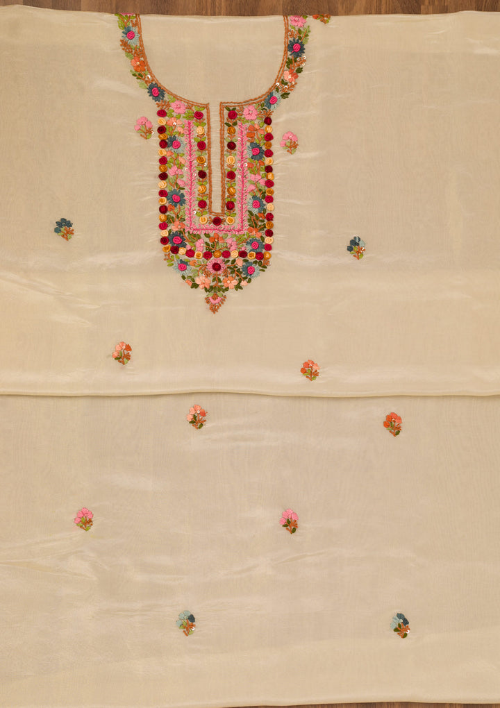 Beige Threadwork Semi Crepe Unstitched Salwar Suit